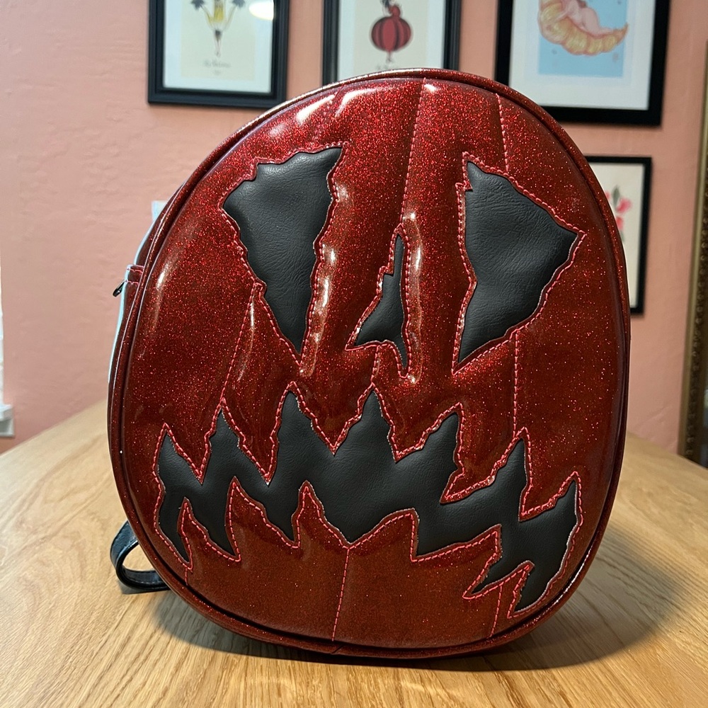 Love Pain And Stitches Scaredy Red Black Glitter Pumpkin Bag Backpack
